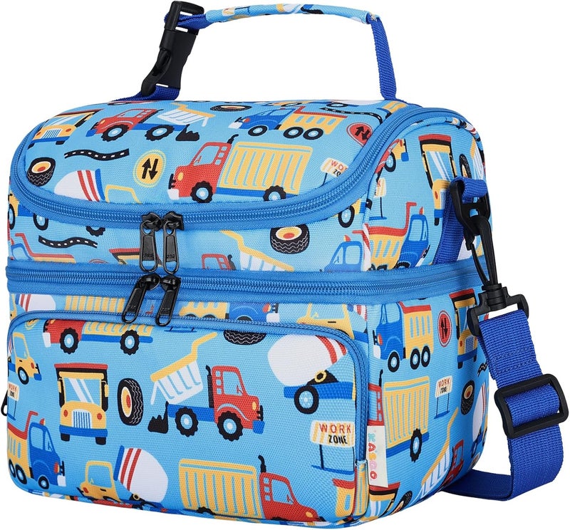 Kasqo Lunch Bag Kids, Dual Compartment Insulated Cooler Bag 7.5L Girls Boys Toddler Lunch Box Containers for Daycare School Kindergarten Travel Blue Car - Image 1